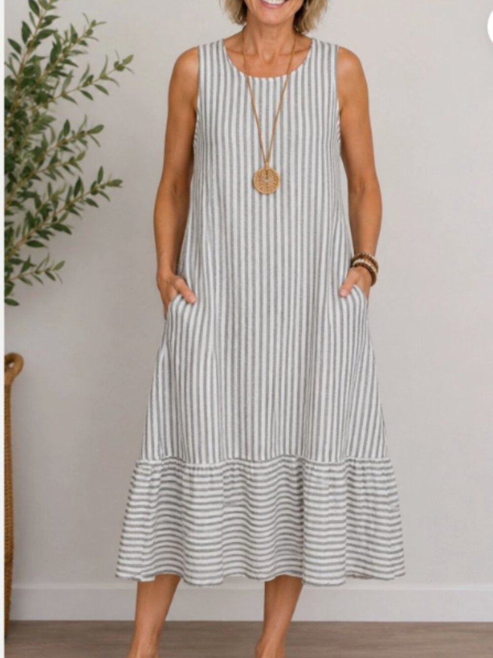 Francesca Bettini Italian Linen Stripe Sleeveless Dress Gray White Pockets sz M